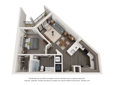 Floor plan for 1 bed, 1 bath, 743 sqft